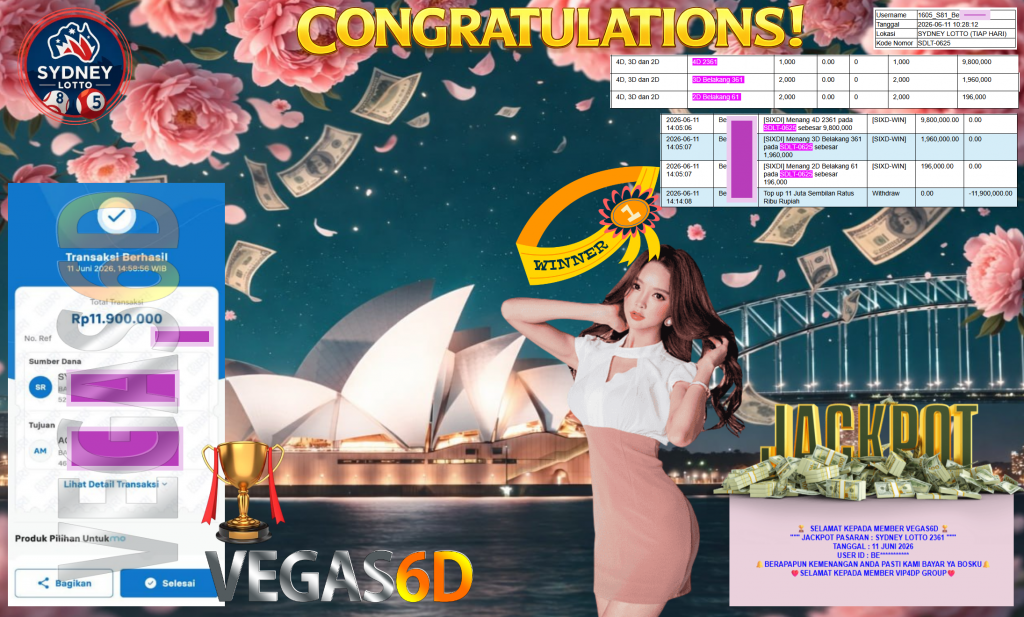 VEGAS6D JACKPOT PASARAN ” SYDNEY LOTTO 2361 ” R11.900.000,- LUNAS