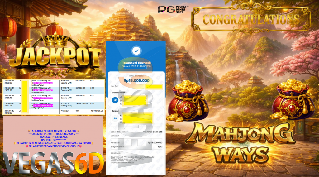 VEGAS6D JACKPOT PGSOFT ” MAHJONG WAYS ” Rp15.000.000,- LUNAS