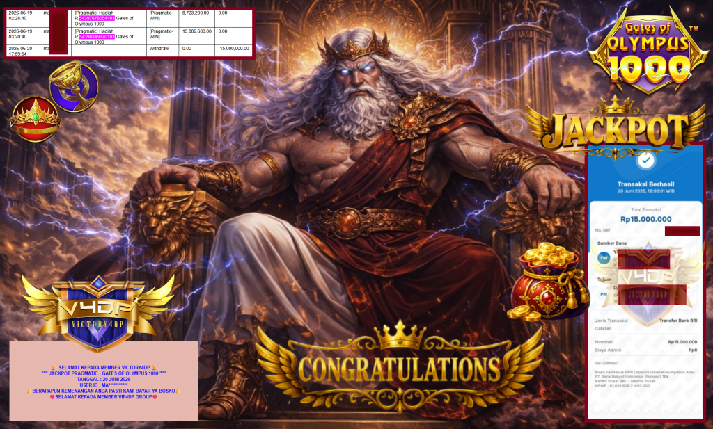 VICTORY4DP JACKPOT PRAGMATIC ” GATES OF OLYMPUS 1000 ” Rp15.000.000,- LUNAS