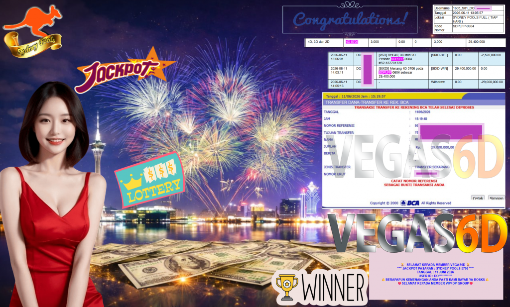 VEGAS6D JACKPOT PASARAN ” SYDNEY POOLS 5706 ” R29.000.000,- LUNAS