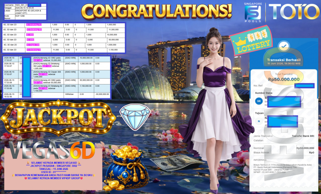 VEGAS6D JACKPOT PASARAN ” SINGAPORE 3082 ” R74.650.000,- LUNAS