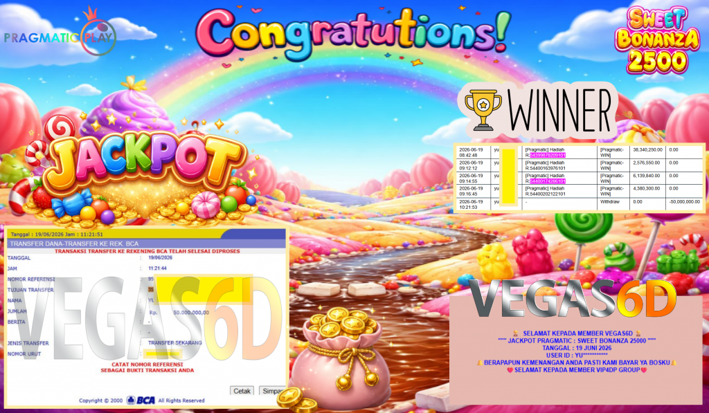 VEGAS6D JACKPOT PRAGMATIC ” SWEET BONANZA 2500 ” Rp50.000.000,- LUNAS