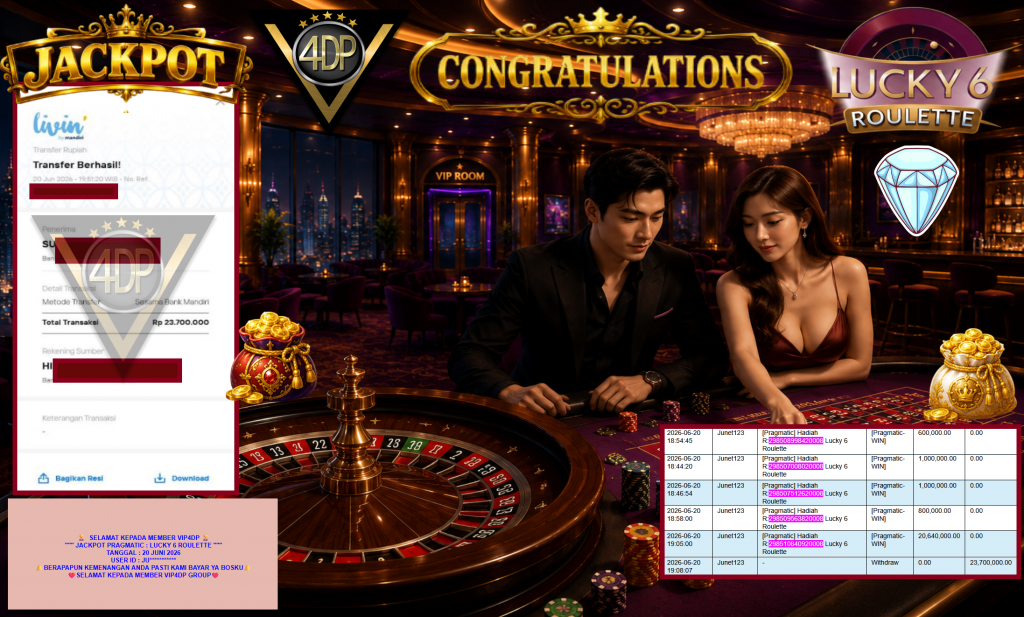 VIP4DP JACKPOT PRAGMATIC ” LUCKY 6 ROULETTE ” Rp23.700.000,- LUNAS