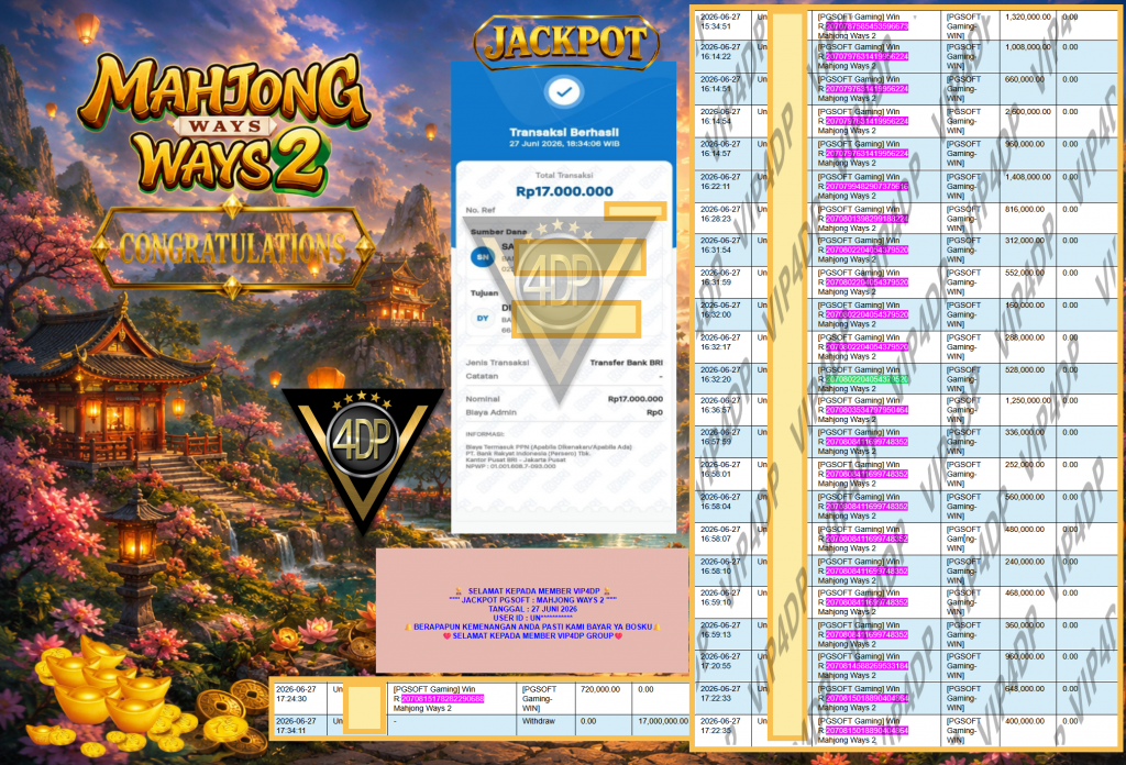 VIP4DP JACKPOT PGSOFT ” MAHJONG WAYS 2 ” Rp17.000.000,- LUNAS