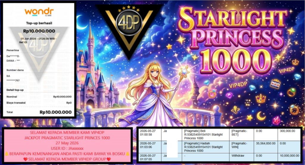 VIP4DP JACKPOT PRAGMATIC STARLIGHT PRINCES 1000 Rp 10.000.000,- LUNAS