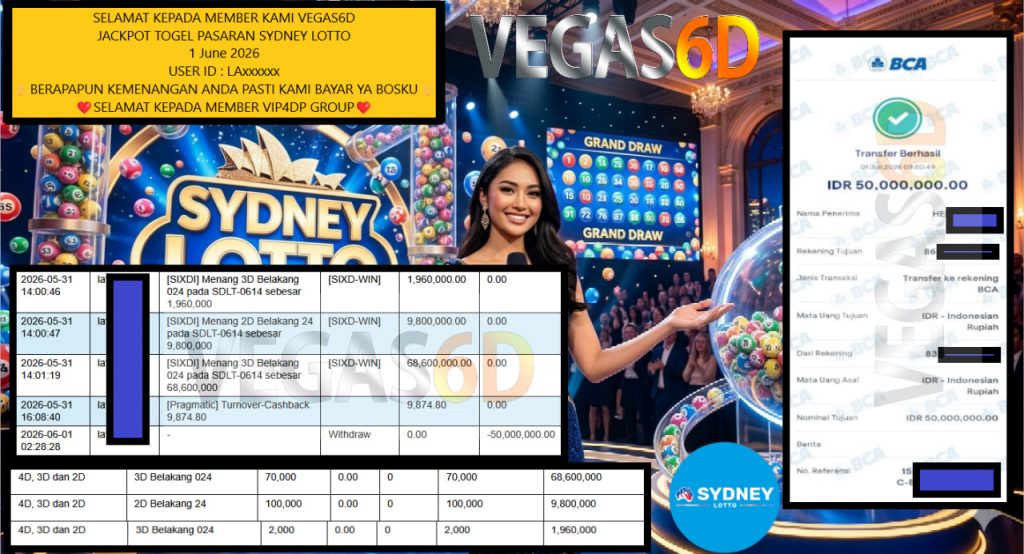 VEGAS6D JACKPOT TOGEL PASARAN SYDNEY LOTTO Rp 80.000.000,- LUNAS