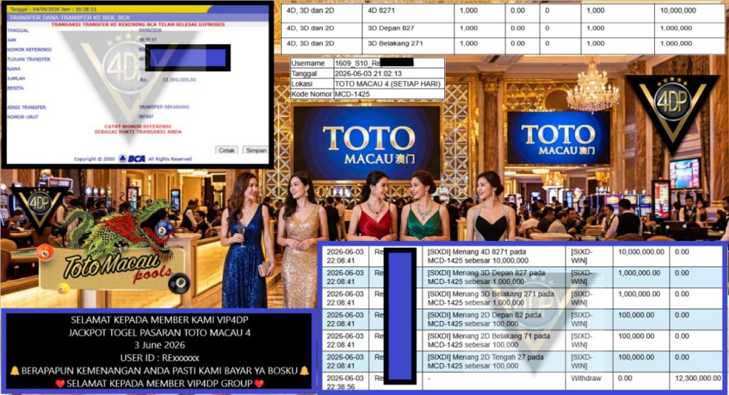 VIP4DP JACKPOT TOGEL PASARAN TOTO MACAU 4 Rp 12.300.000,- LUNAS