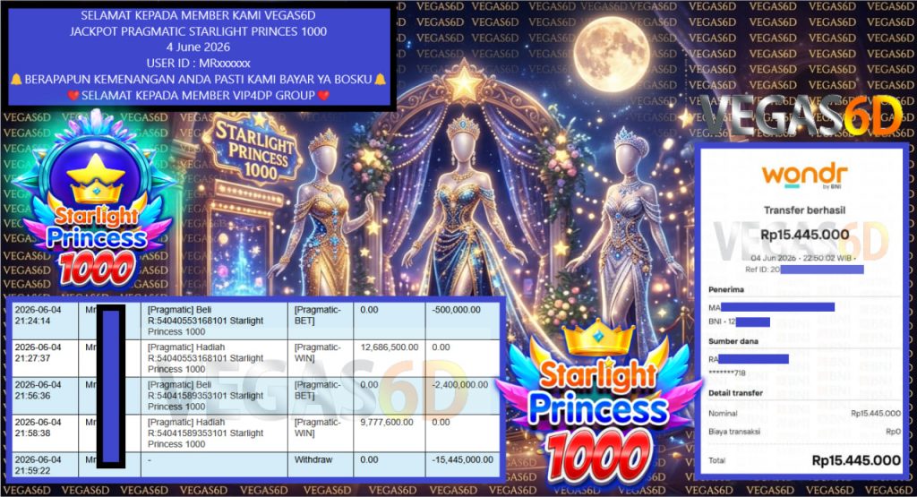 VEGAS6D JACKPOT PRAGMATIC STARLIGHT PRINCES 1000 Rp 15.445.000,- LUNAS
