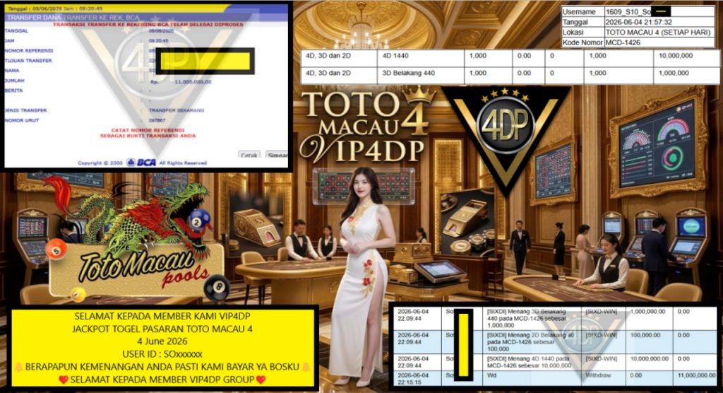 VIP4DP JACKPOT TOGEL PASARAN TOTO MACAU 4 Rp 11.000.000,- LUNAS