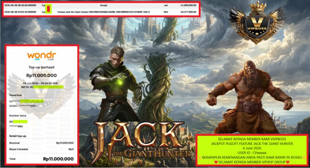 VVIPBOSS JACKPOT PGSOFT FEATURE JACK THE GIANT HUNTER Rp 11.000.000,- LUNAS