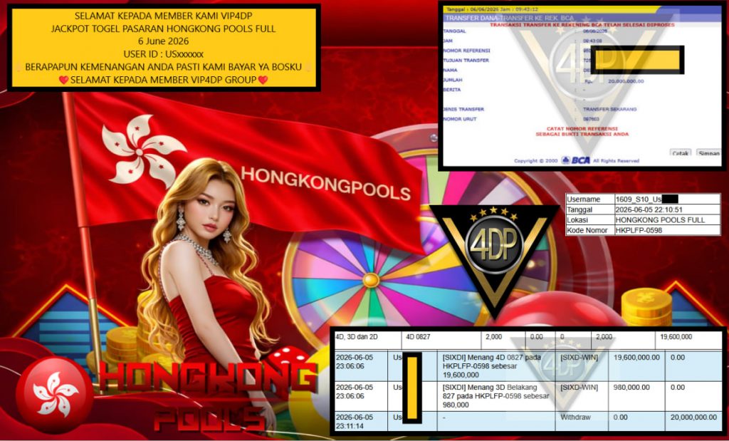 VIP4DP JACKPOT TOGEL PASARAN HONGKONG POOLS FULL Rp 20.000.000,- LUNAS