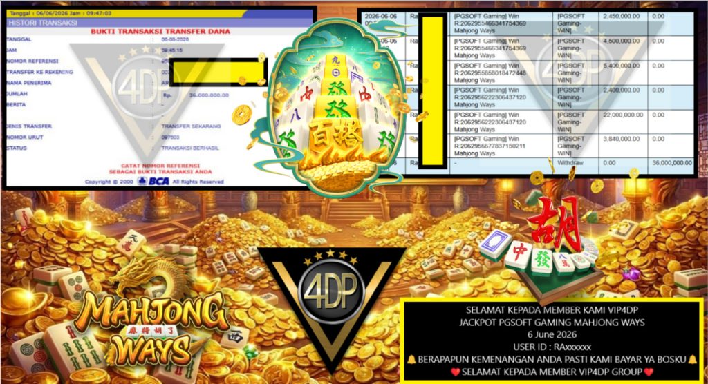 VIP4DP JACKPOT PGSOFT GAMING MAHJONG WAYS Rp 36.000.000,- LUNAS