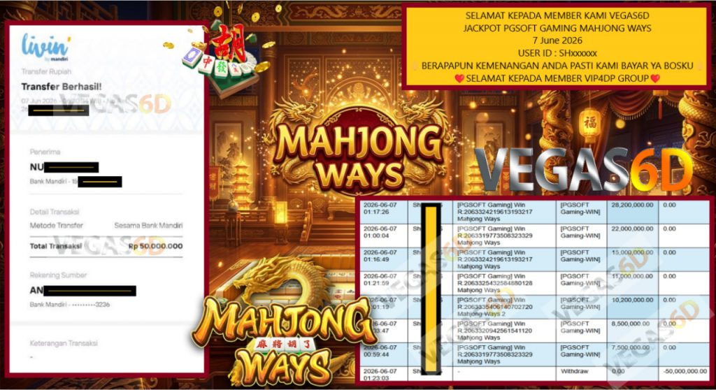 VEGAS6D JACKPOT PGSOFT GAMING MAHJONG WAYS Rp.1000.000.000,- LUNAS