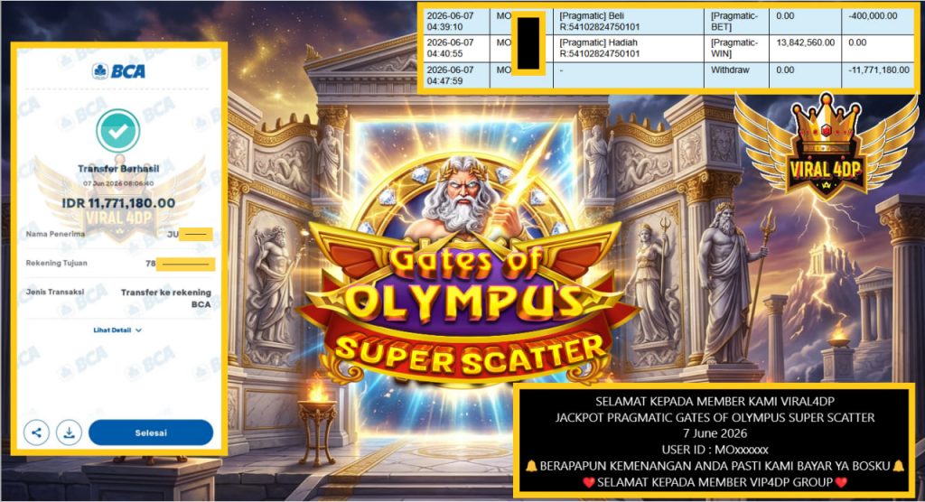 VIRAL4DP JACKPOT PRAGMATIC GATES OF OLYMPUS SUPER SCATTER Rp 11.771.180,- LUNAS