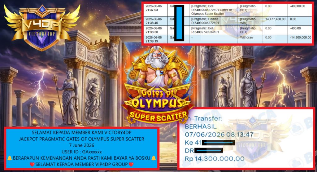 VICTORY4DP JACKPOT PRAGMATIC GATES OF OLYMPUS SUPER SCATTER Rp 14.300.000,- LUNAS