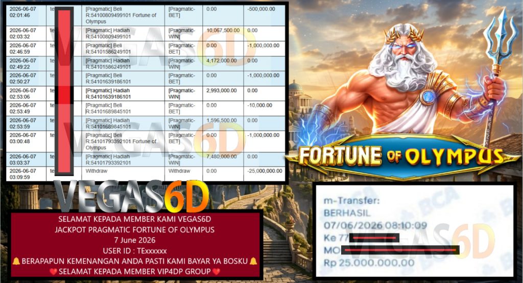 VEGAS6D JACKPOT PRAGMATIC FORTUNE OF OLYMPUS Rp 25.000.000,- LUNAS