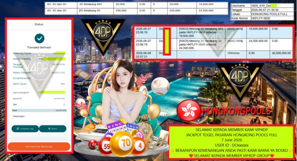 VIP4DP JACKPOT TOGEL PASARAN HONGKONG POOLS FULL Rp 45.000.000,- LUNAS