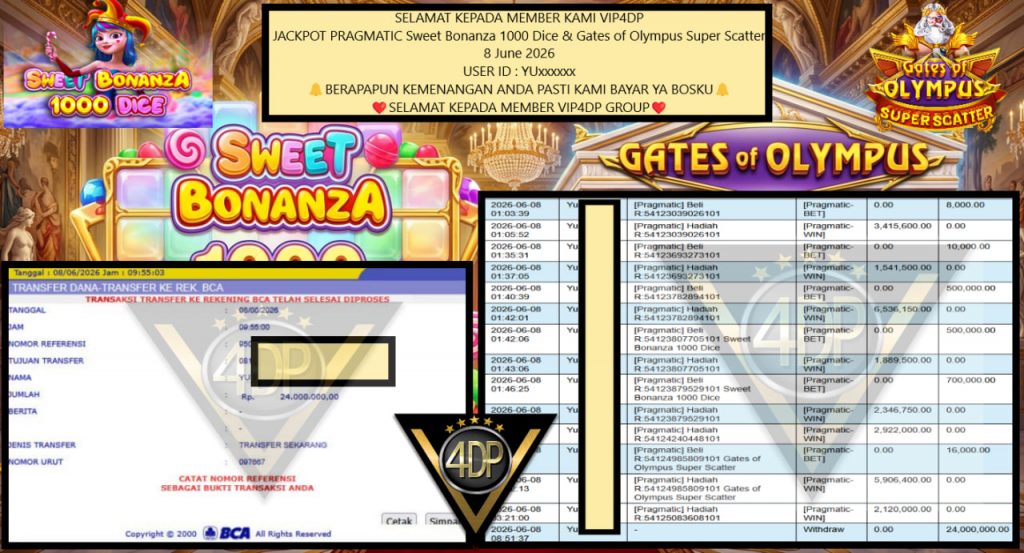 VIP4DP JACKPOT PRAGMATIC Sweet Bonanza 1000 Dice & Gates of Olympus Super Scatter Rp 24.000.000,- LUNAS