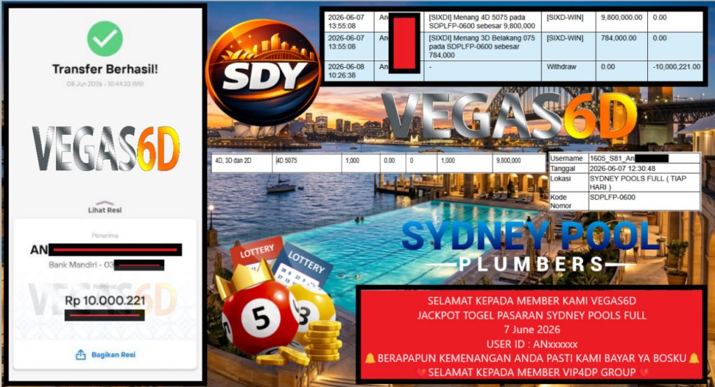 VEGAS6D JACKPOT TOGEL PASARAN SYDNEY POOLS FULL Rp 10.000.221,- LUNAS