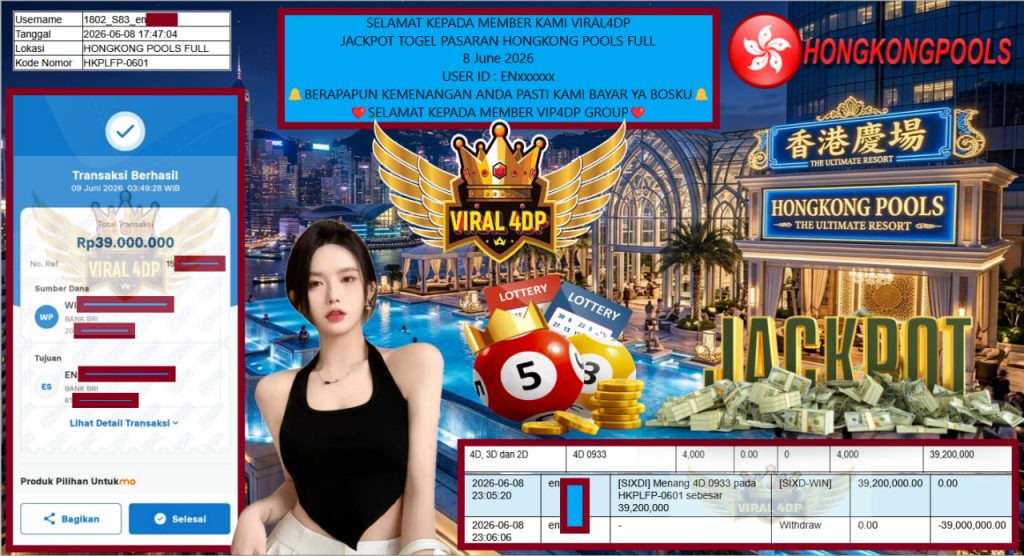 VIRAL4DP JACKPOT TOGEL PASARAN HONGKONG POOLS FULL Rp 39.000.000,- LUNAS