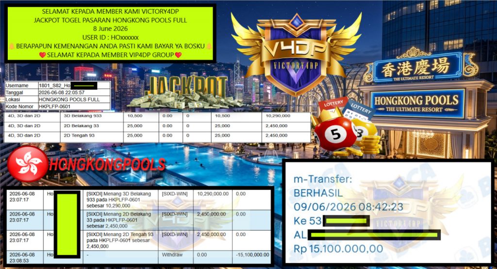 VICTORY4DP JACKPOT TOGEL PASARAN HONGKONG POOLS FULL Rp 15.100.000,- LUNAS