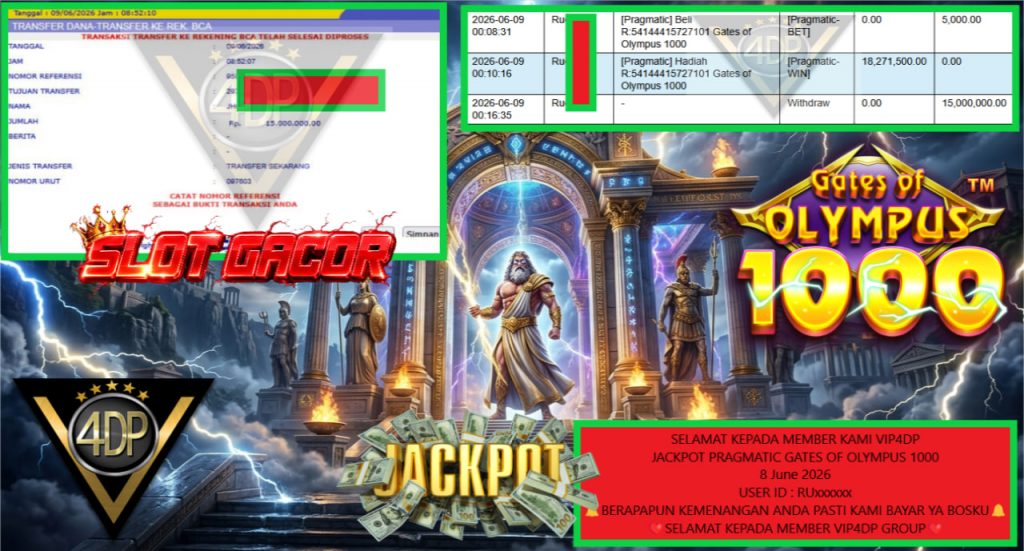VIP4DP JACKPOT PRAGMATIC GATES OF OLYMPUS 1000 Rp 15.000.000,- LUNAS