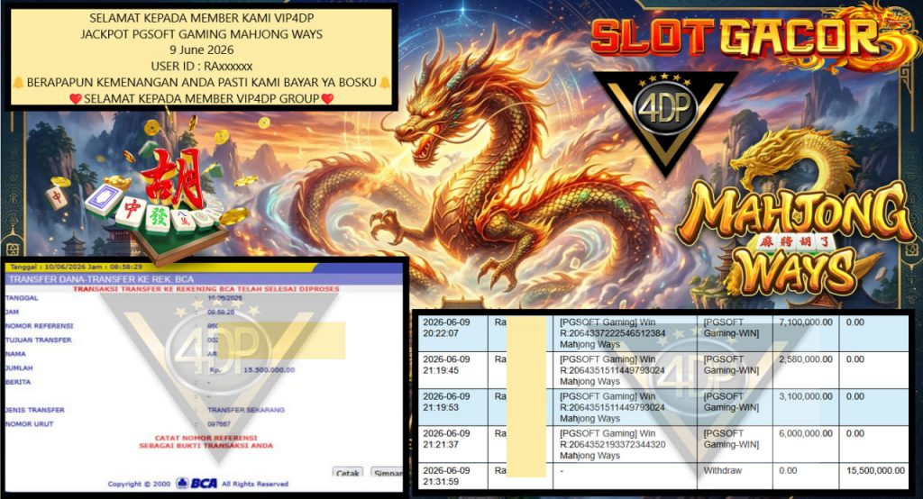 VIP4DP JACKPOT PGSOFT GAMING MAHJONG WAYS Rp 15.500.000,- LUNAS