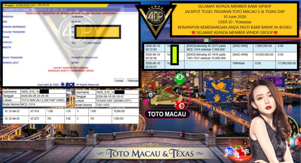 VIP4DP JACKPOT TOGEL PASARAN TOTO MACAU 5 & TEXAS DAY Rp 17.000.000,- LUNAS