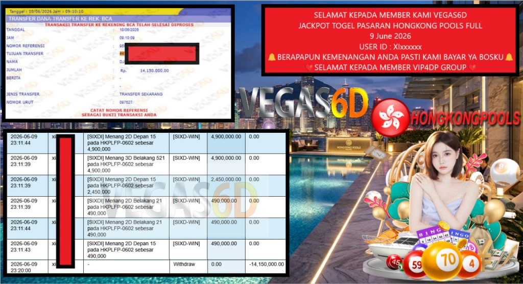 VEGAS6D JACKPOT TOGEL PASARAN HONGKONG POOLS FULL Rp 14.150.000,- LUNAS