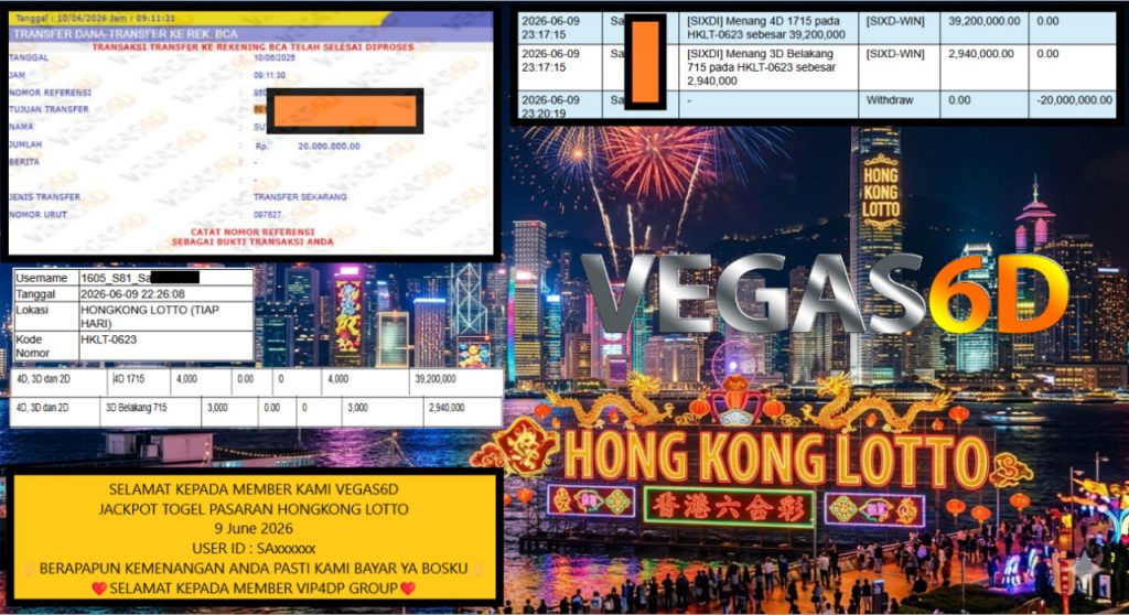 VEGAS6D JACKPOT TOGEL PASARAN HONGKONG LOTTO Rp 20.000.000,- LUNAS