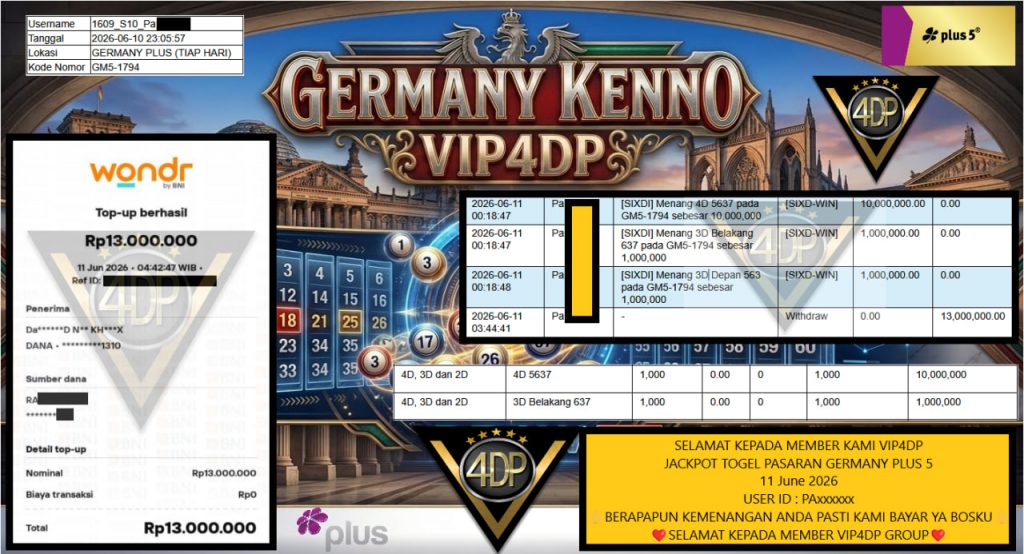 VIP4DP JACKPOT TOGEL PASARAN GERMANY PLUS 5 Rp 13.000.000,- LUNAS
