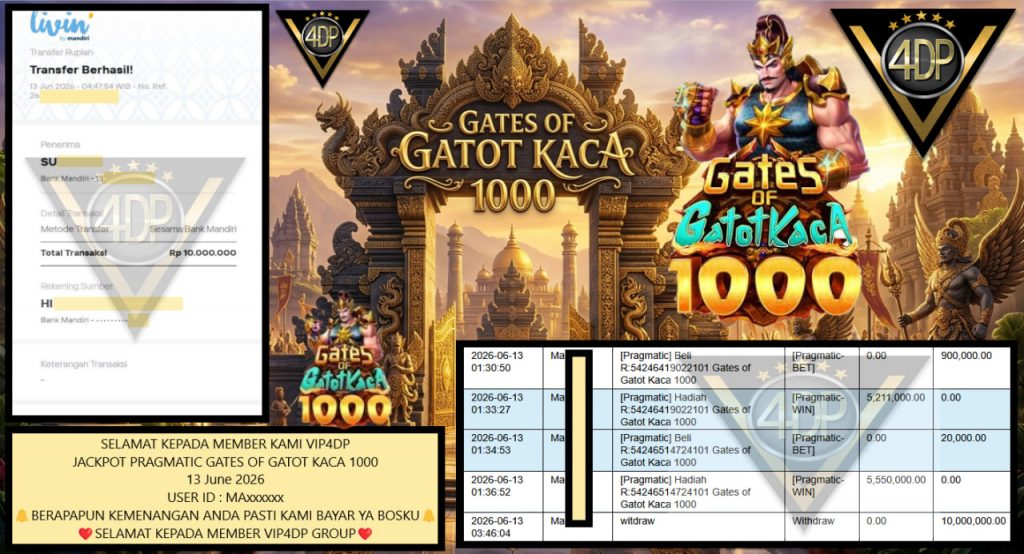 VIP4DP JACKPOT PRAGMATIC GATES OF GATOT KACA 1000 Rp 10.000.000,- LUNAS