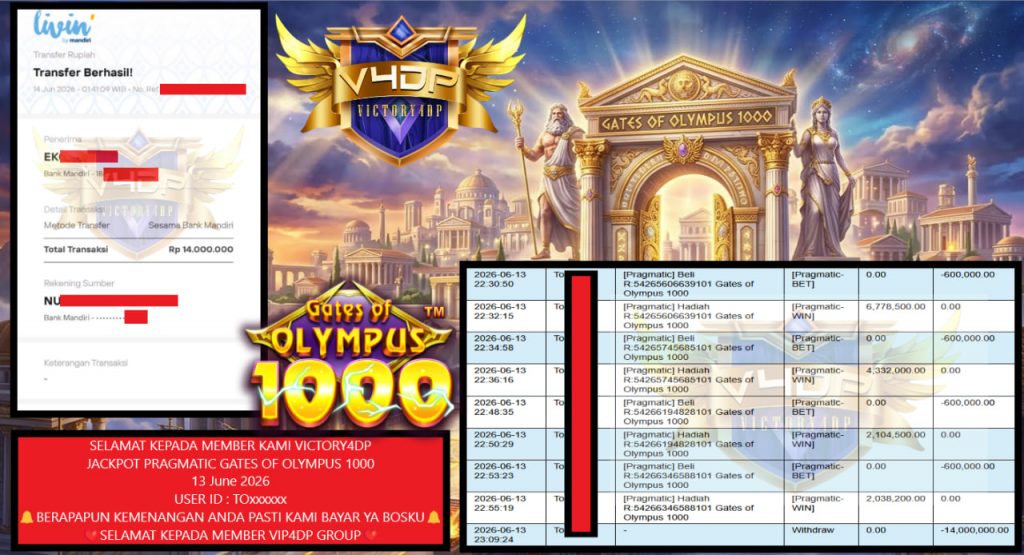 VICTORY4DP JACKPOT PRAGMATIC GATES OF OLYMPUS 1000 Rp 14.000.000,- LUNAS