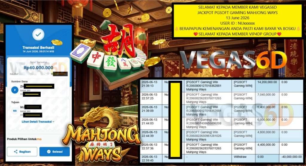 VEGAS6D JACKPOT PGSOFT GAMING MAHJONG WAYS Rp 40.000.000,- LUNAS