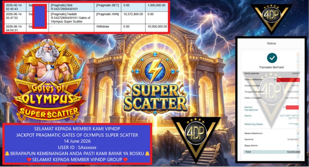 VIP4DP JACKPOT PRAGMATIC GATES OF OLYMPUS SUPER SCATTER Rp 10.000.000,- LUNAS