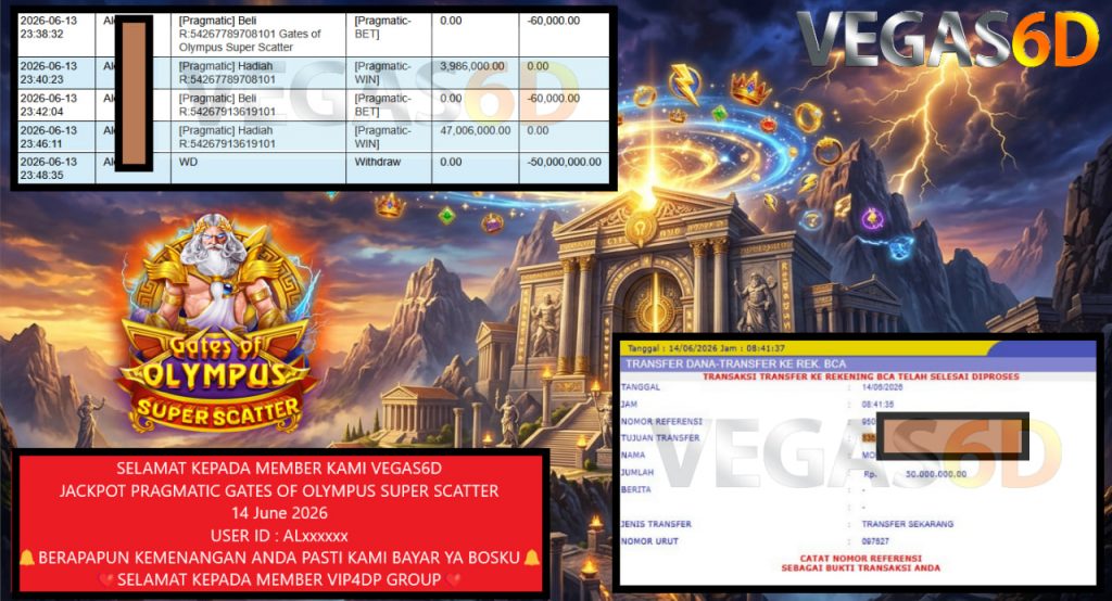 VEGAS6D JACKPOT PRAGMATIC GATES OF OLYMPUS SUPER SCATTER Rp 50.000.000,- LUNAS