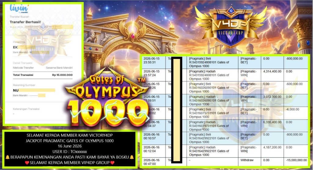 VICTORY4DP JACKPOT PRAGMATIC GATES OF OLYMPUS 1000 Rp 15.000.000,- LUNAS