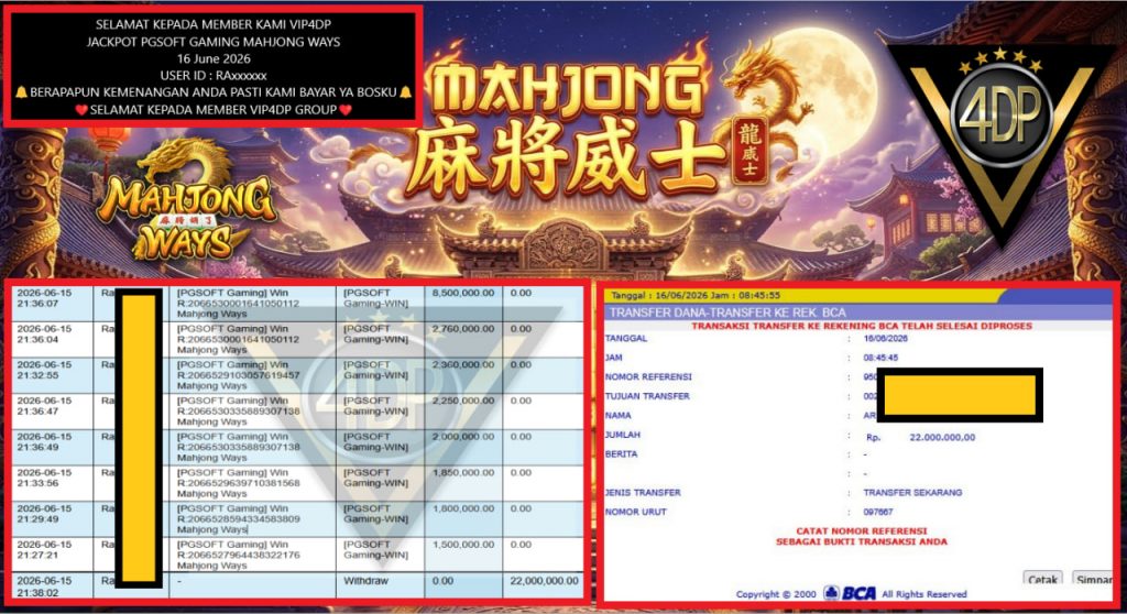 VIP4DP JACKPOT PGSOFT GAMING MAHJONG WAYS Rp 22.000.000,- LUNAS