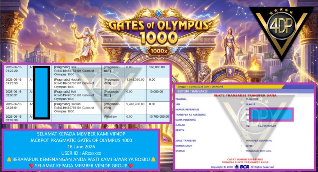 VIP4DP JACKPOT PRAGMATIC GATES OF OLYMPUS 1000 Rp 10.700.000,- LUNAS