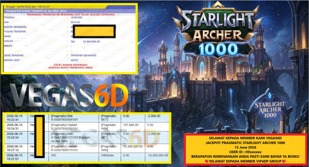 VEGAS6D JACKPOT PRAGMATIC STARLIGHT ARCHER 1000 Rp 10.500.000,- LUNAS