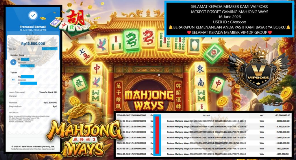 VVIPBOSS JACKPOT PGSOFT GAMING MAHJONG WAYS Rp 13.500.000,- LUNAS