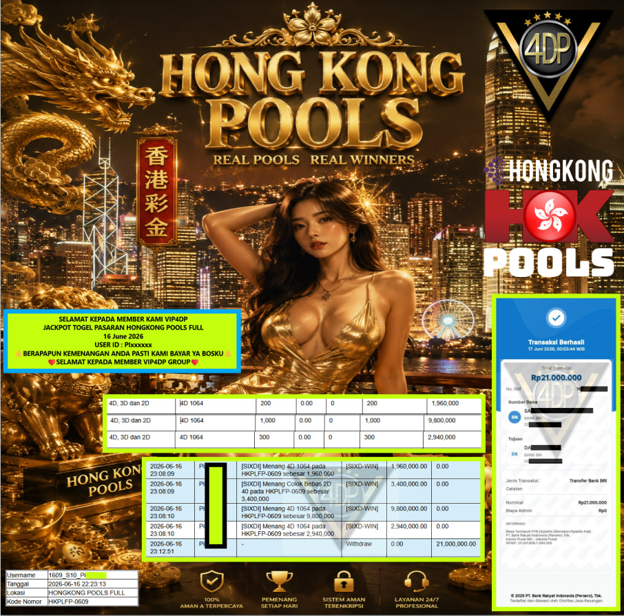 VIP4DP JACKPOT TOGEL PASARAN HONGKONG POOLS FULL Rp 21.000.000,- LUNAS