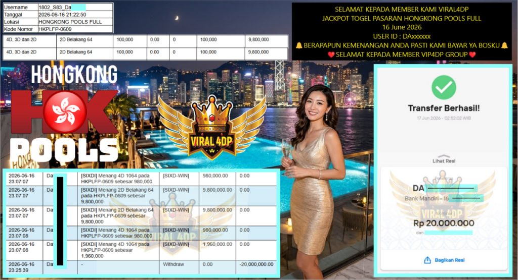 VIRAL4DP JACKPOT TOGEL PASARAN HONGKONG POOLS FULL Rp 20.000.000,- LUNAS