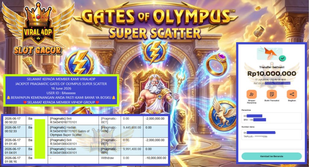 VIRAL4DP JACKPOT PRAGMATIC GATES OF OLYMPUS SUPER SCATTER Rp 10.000.000,- LUNAS