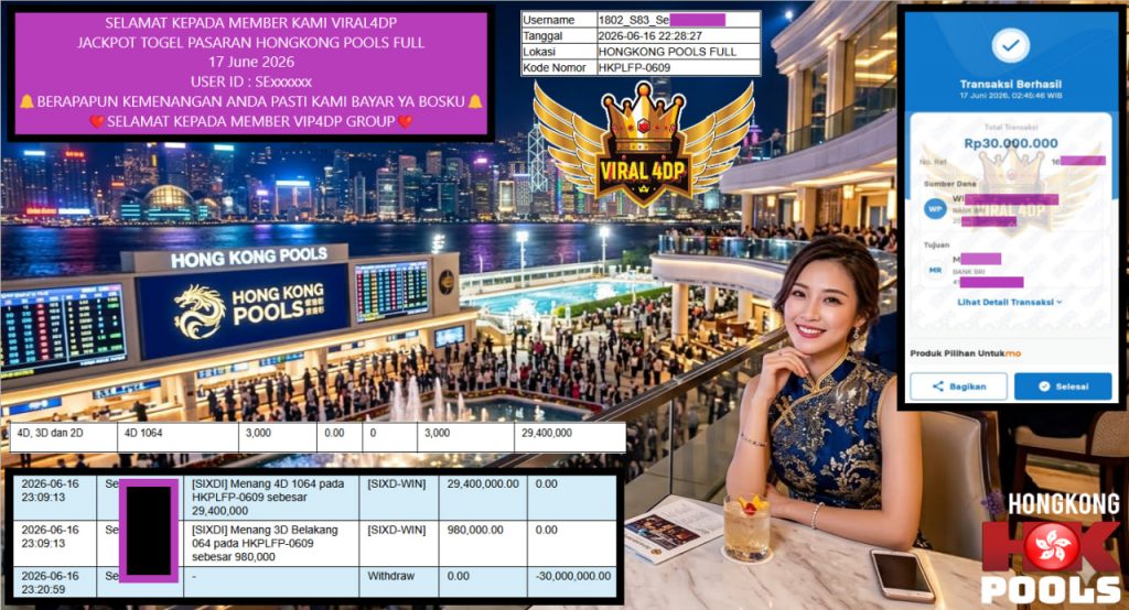VIRAL4DP JACKPOT TOGEL PASARAN HONGKONG POOLS FULL Rp 30.000.000,- LUNAS