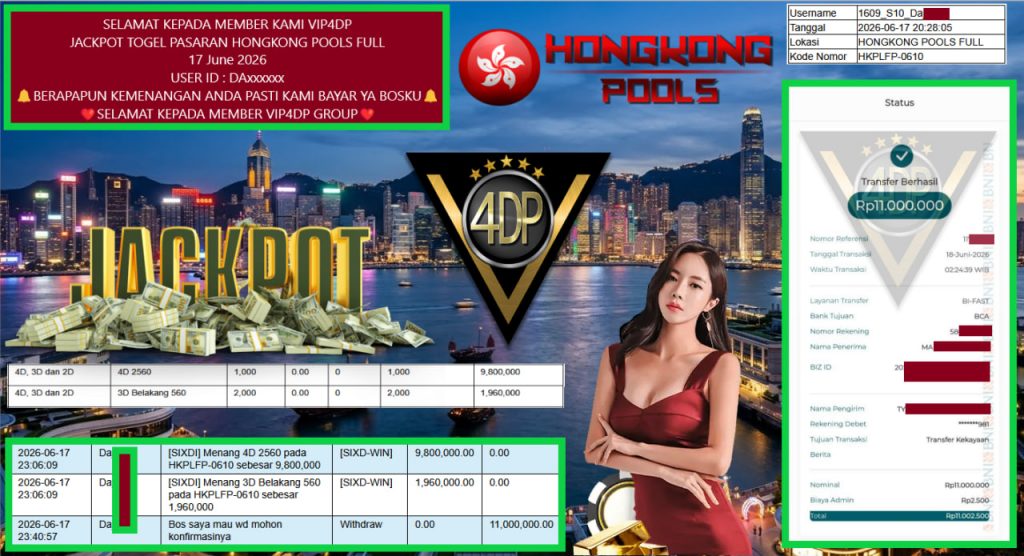 VIP4DP JACKPOT TOGEL PASARAN HONGKONG POOLS FULL Rp 11.000.000,- LUNAS