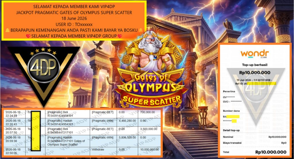 VIP4DP JACKPOT PRAGMATIC GATES OF OLYMPUS SUPER SCATTER Rp 10.000.000,- LUNAS