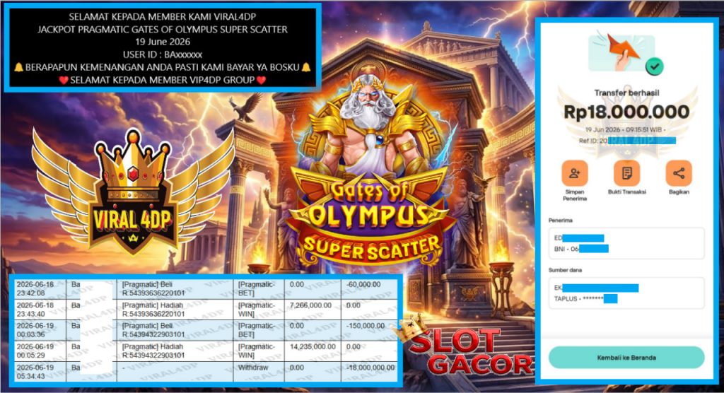 VIRAL4DP JACKPOT PRAGMATIC GATES OF OLYMPUS SUPER SCATTER Rp 18.000.000,- LUNAS