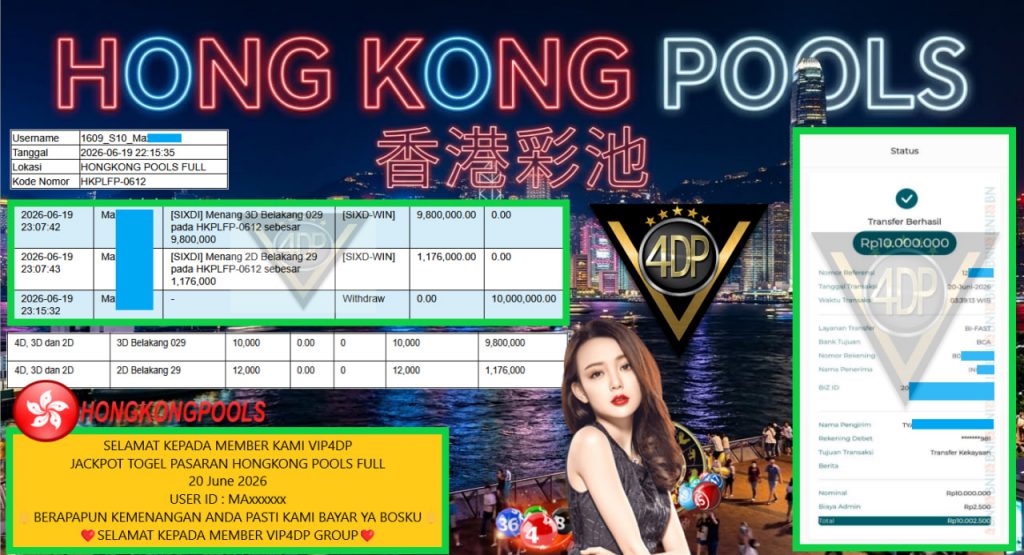 VIP4DP JACKPOT TOGEL PASARAN HONGKONG POOLS FULL Rp 10.000.000,- LUNAS