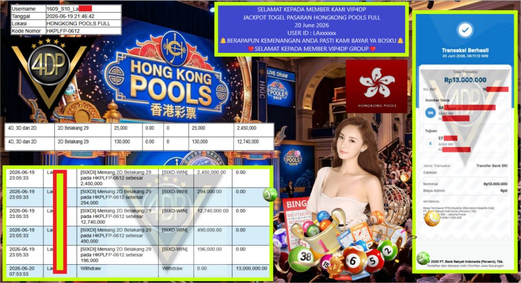 VIP4DP JACKPOT TOGEL PASARAN HONGKONG POOLS FULL Rp 13.000.000,- LUNAS